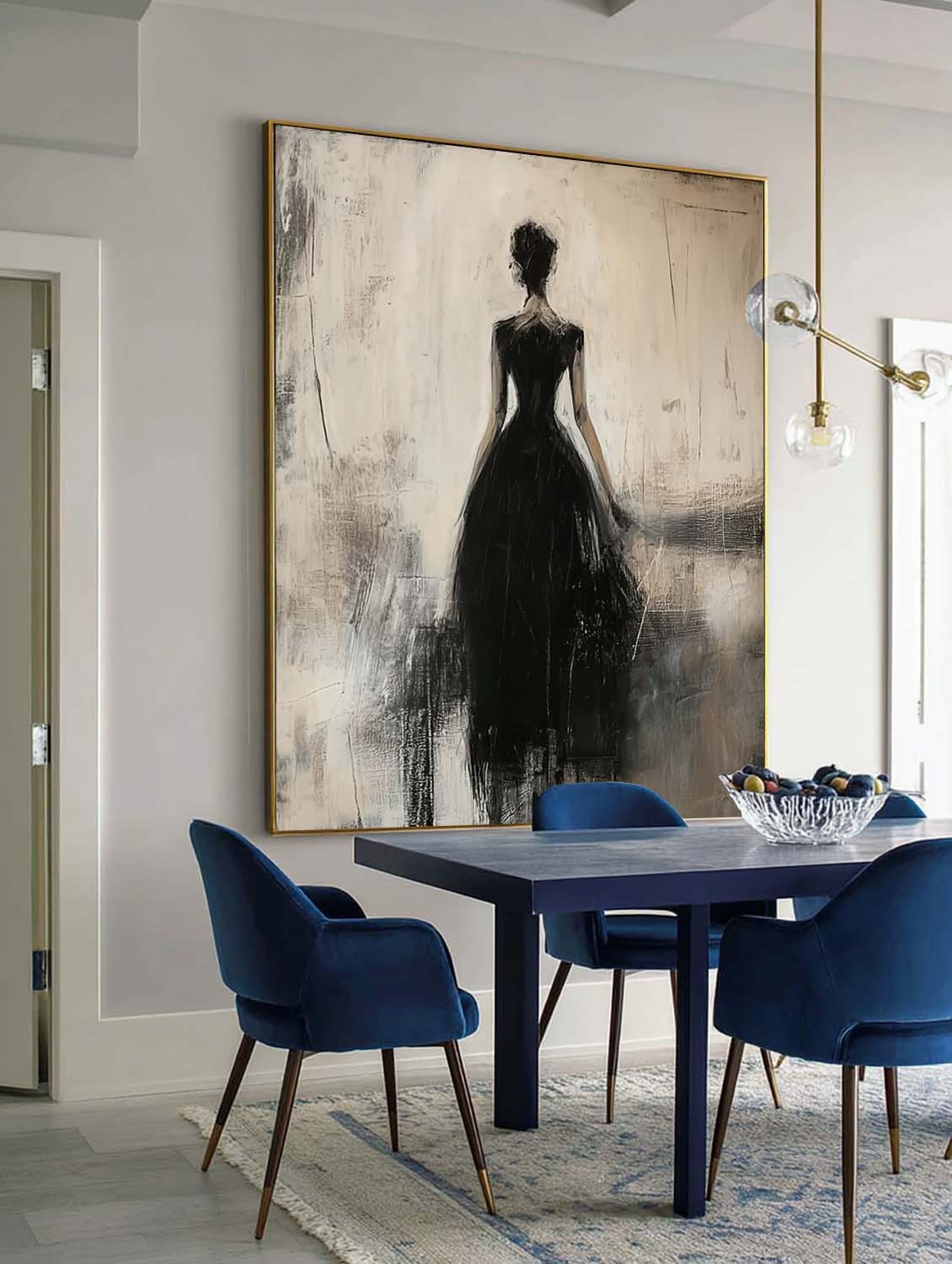 Woman in a black dress in black, cream, gray — figurative wall art