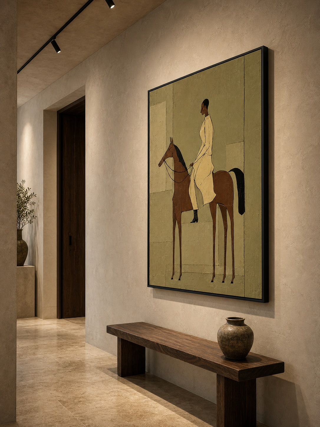 Woman on a brown horse in olive, brown, cream, black — equestrian wall art