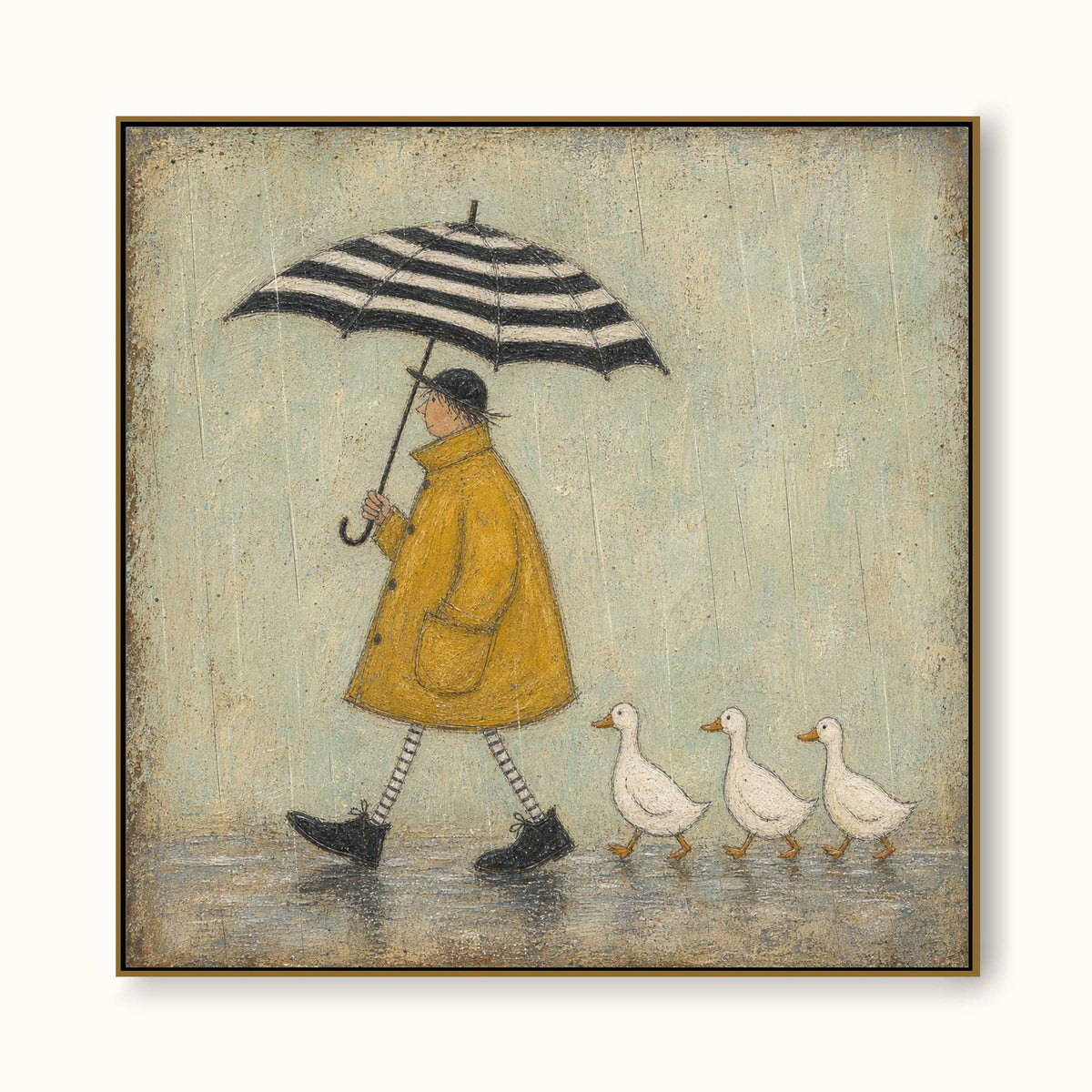 Yellow raincoat figure with a striped umbrella followed by white ducks