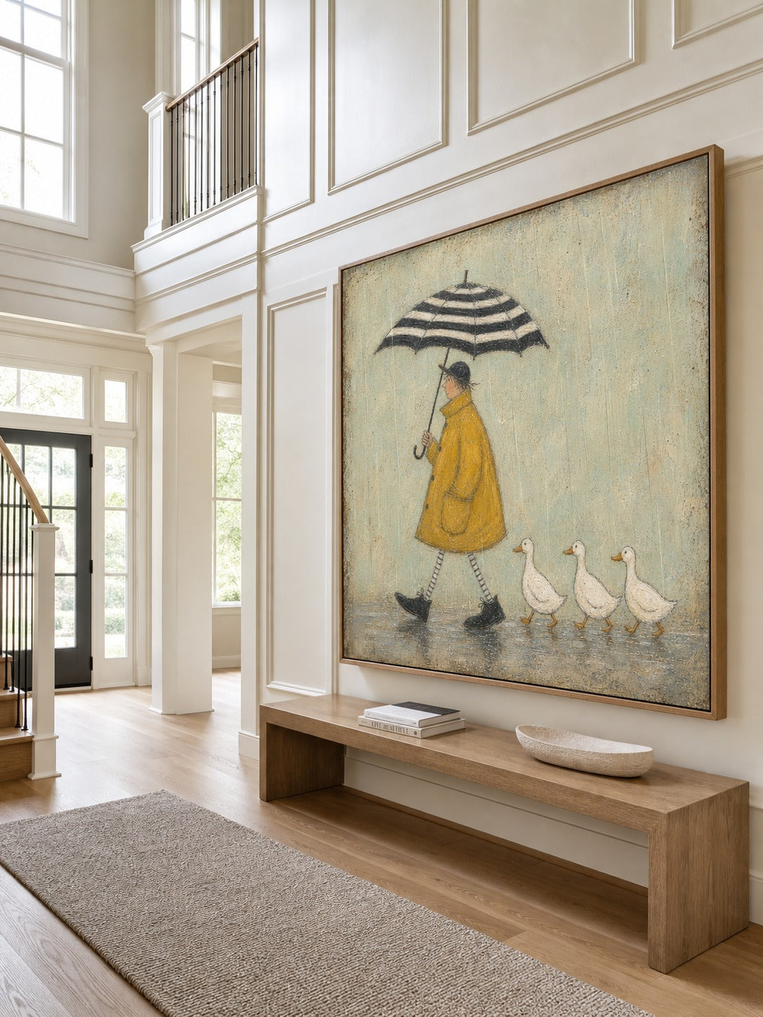 Whimsical raincoat and ducks painting above a long bench