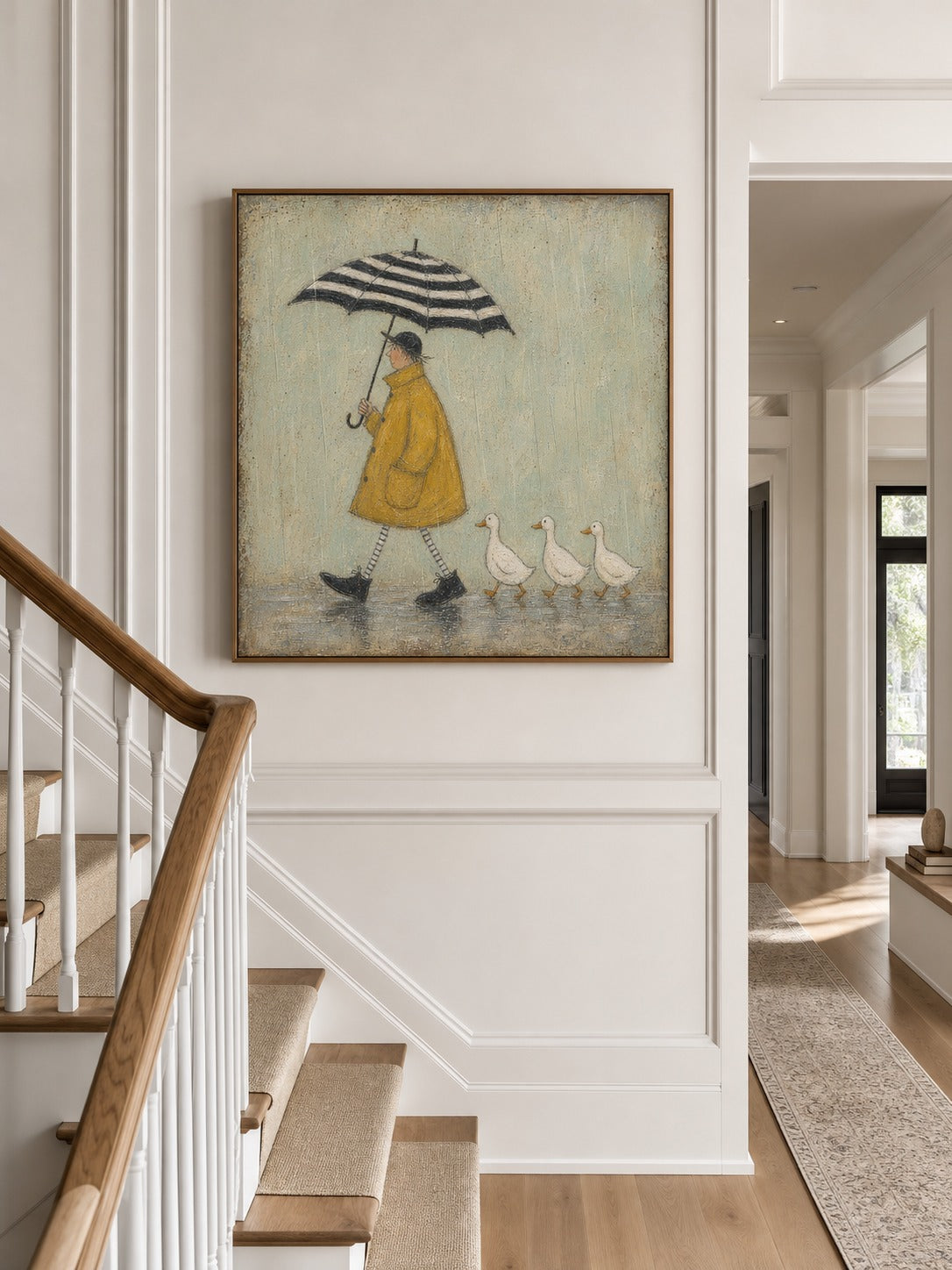 Umbrella and ducks painting beside a stairway