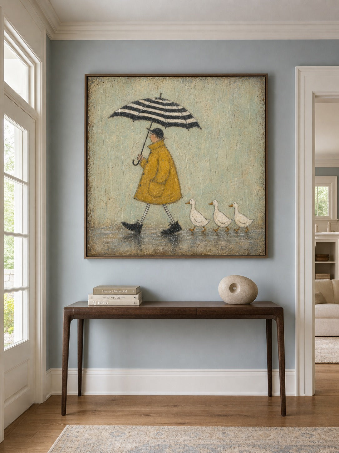 Storybook rain scene above a hallway console
