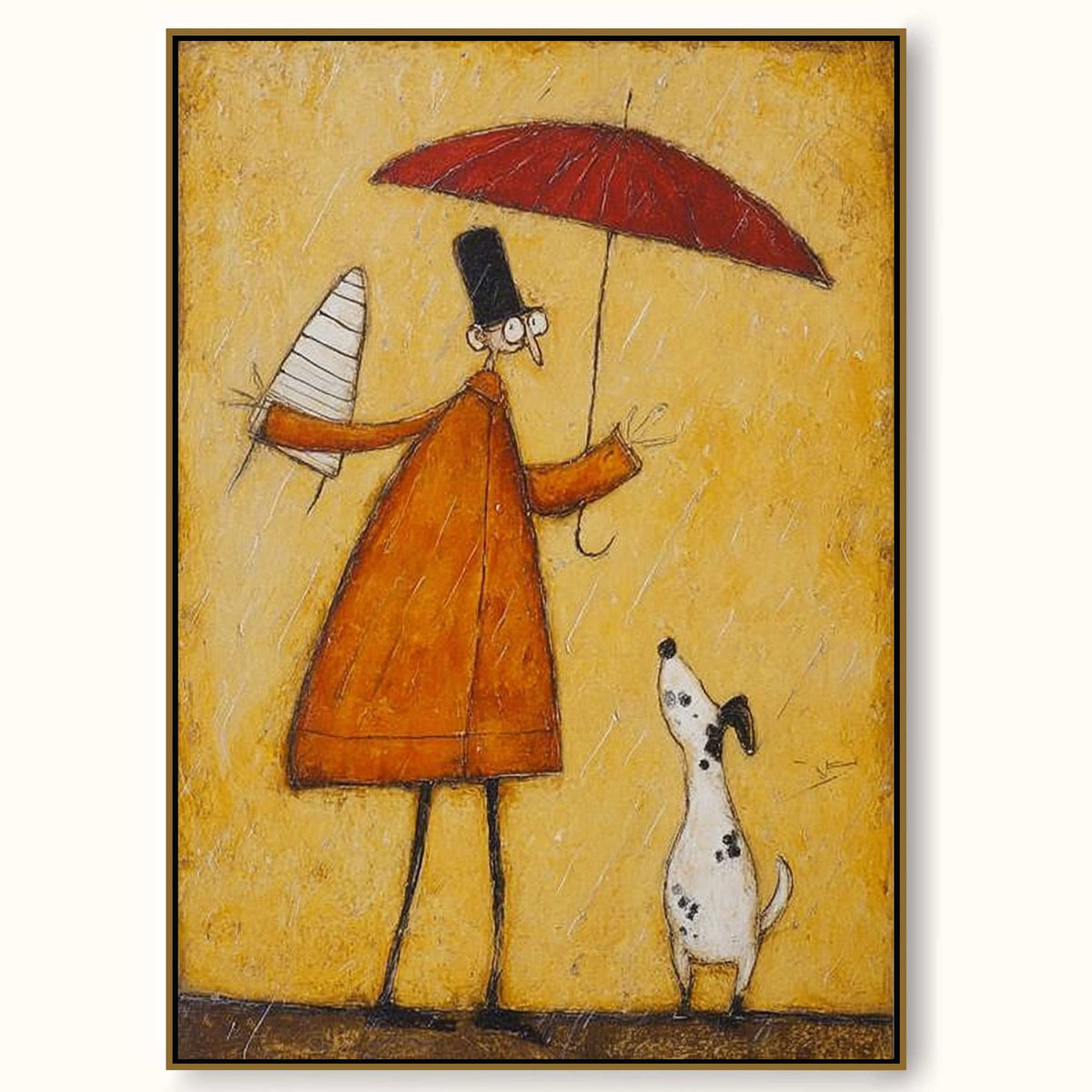 Umbrella figure and dog in yellow, orange, red, black, white — whimsical wall art