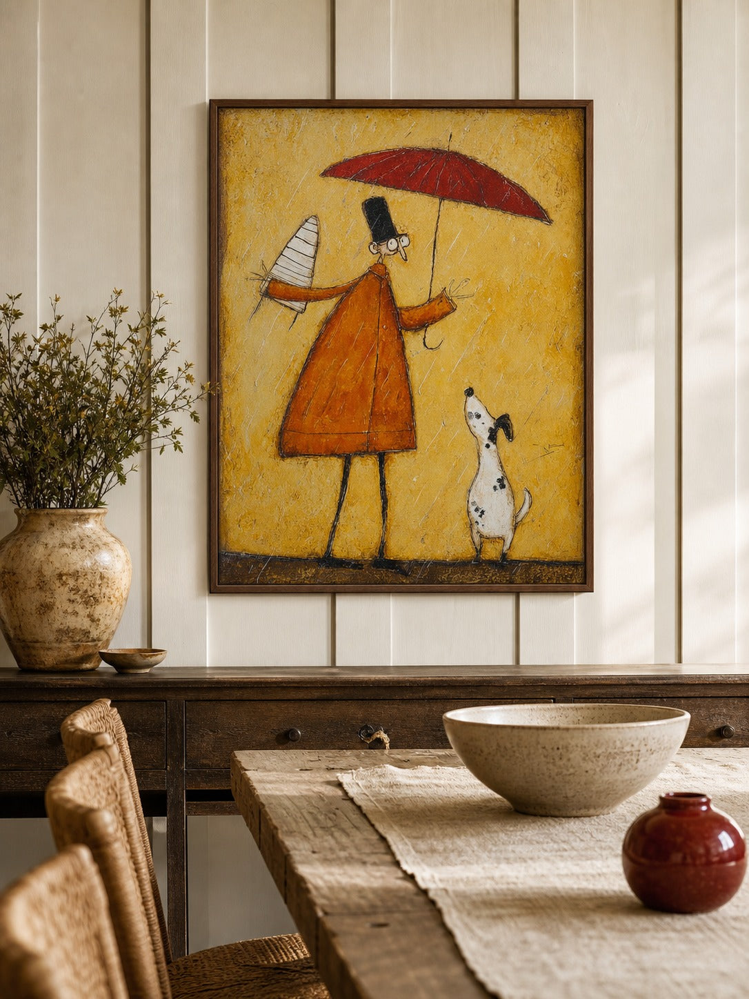 Umbrella figure and dog in yellow, orange, red, black, white — whimsical wall art